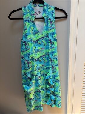 Vibrant TzuTzu Aqua & Lime Sleeveless Ruffle golf or pickleball dress